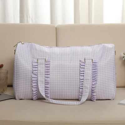 Nylon Duffel Bag Women Ruffle Duffle Gingham Weekend Sports Overnight Travel Vacation Gift Stripe Detachable Adjustable Strap