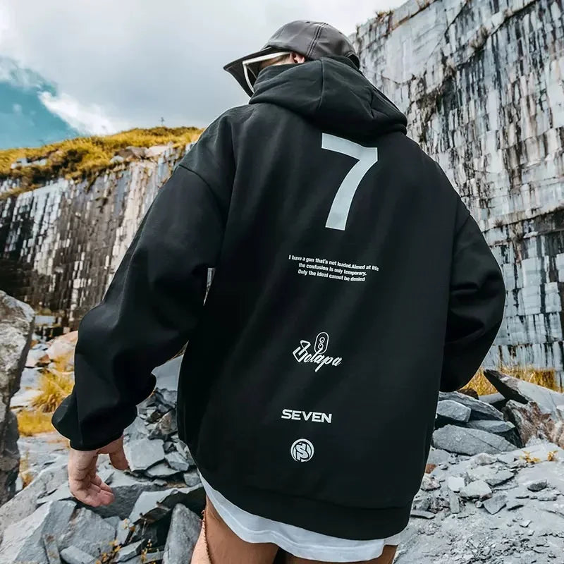 High Street Letter Print Hooded Hoodies Mens Front Pockets Baggy Casual Retro Pullover Sweatshirts Fleece Y2K Hoody Clothes