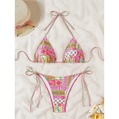 Swimsuit 2025 Female Micro Bikini Women Swimwear Summer Beachwear Women's Bathing Suit Floral Print Neck Halter Thong Bikini Set