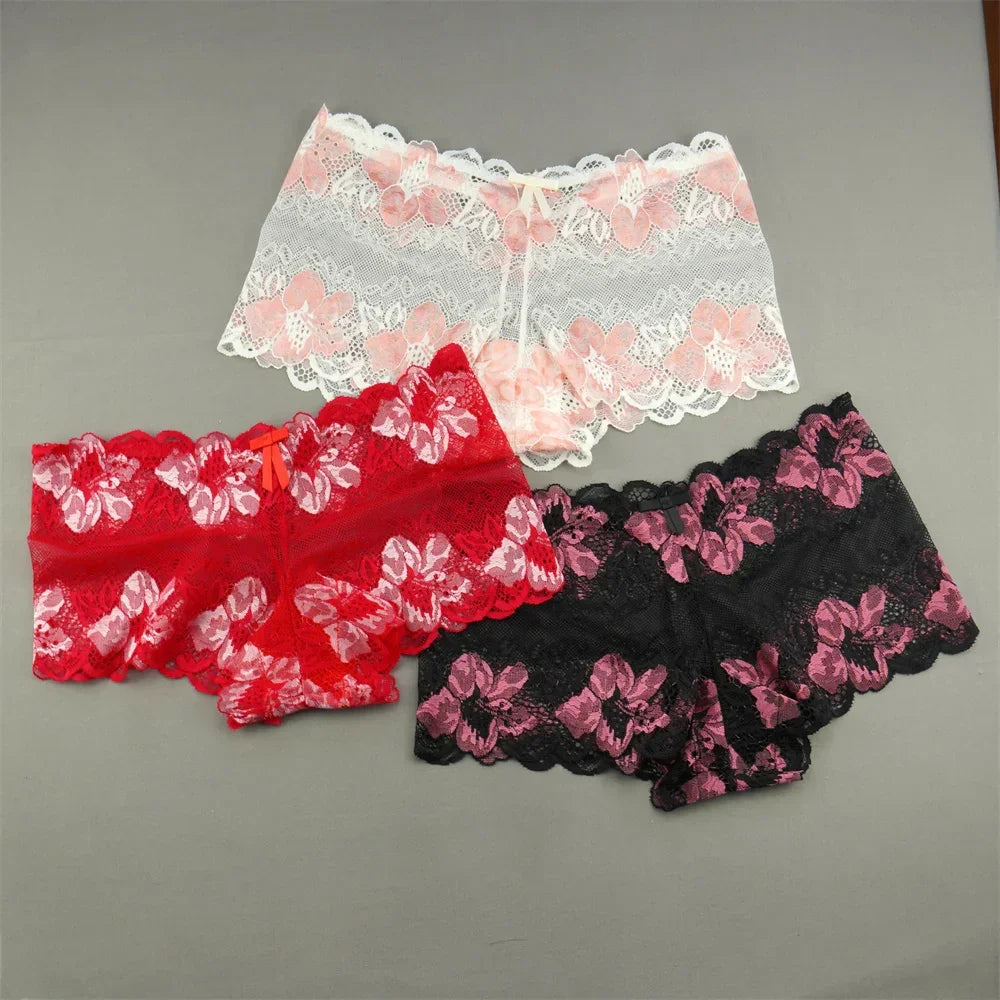 New 2023 Transparent Underwear Women Sexy Lace Panties Women Bikini Bottom Boyshorts Hollow Out Ladies Floral Boxers M-XXL