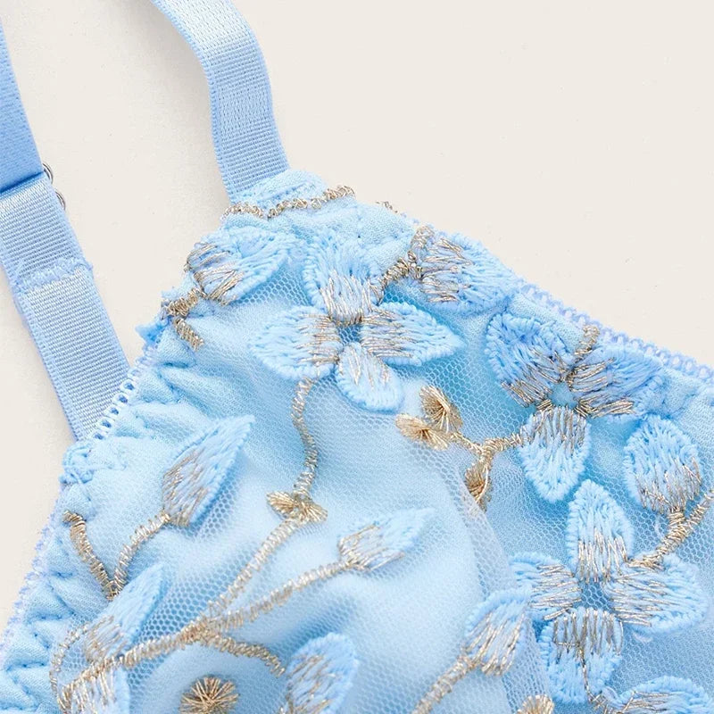 Women Blue Camisole Vest Embroidery Flower Slim Fit Corset