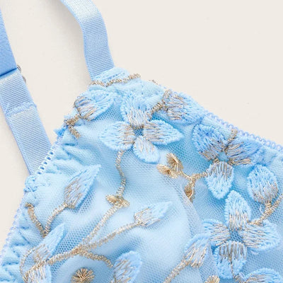 Women Blue Camisole Vest Embroidery Flower Slim Fit Corset