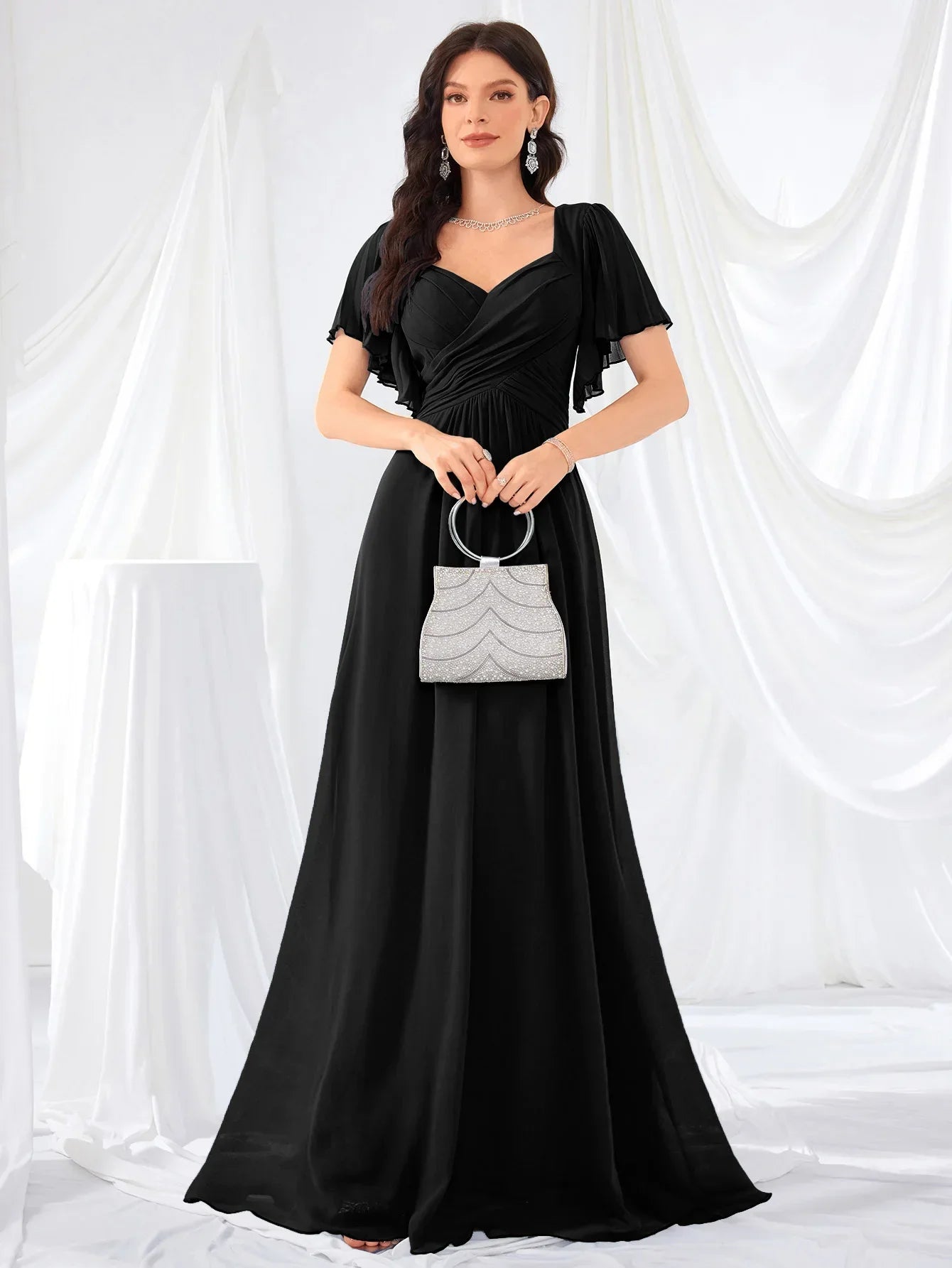 UNITHORSE Women's V-Neck Gathered Lace Trim Sleeve Chiffon Maid of Honor Dress