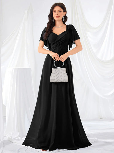 UNITHORSE Women's V-Neck Gathered Lace Trim Sleeve Chiffon Maid of Honor Dress