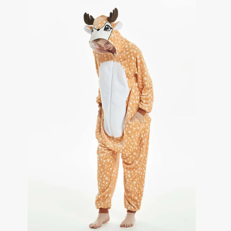 Cute Animal Pajamas for Men Women Winter Flannel Hooded Pajamas Crocodile Capybara Giraffe Cow