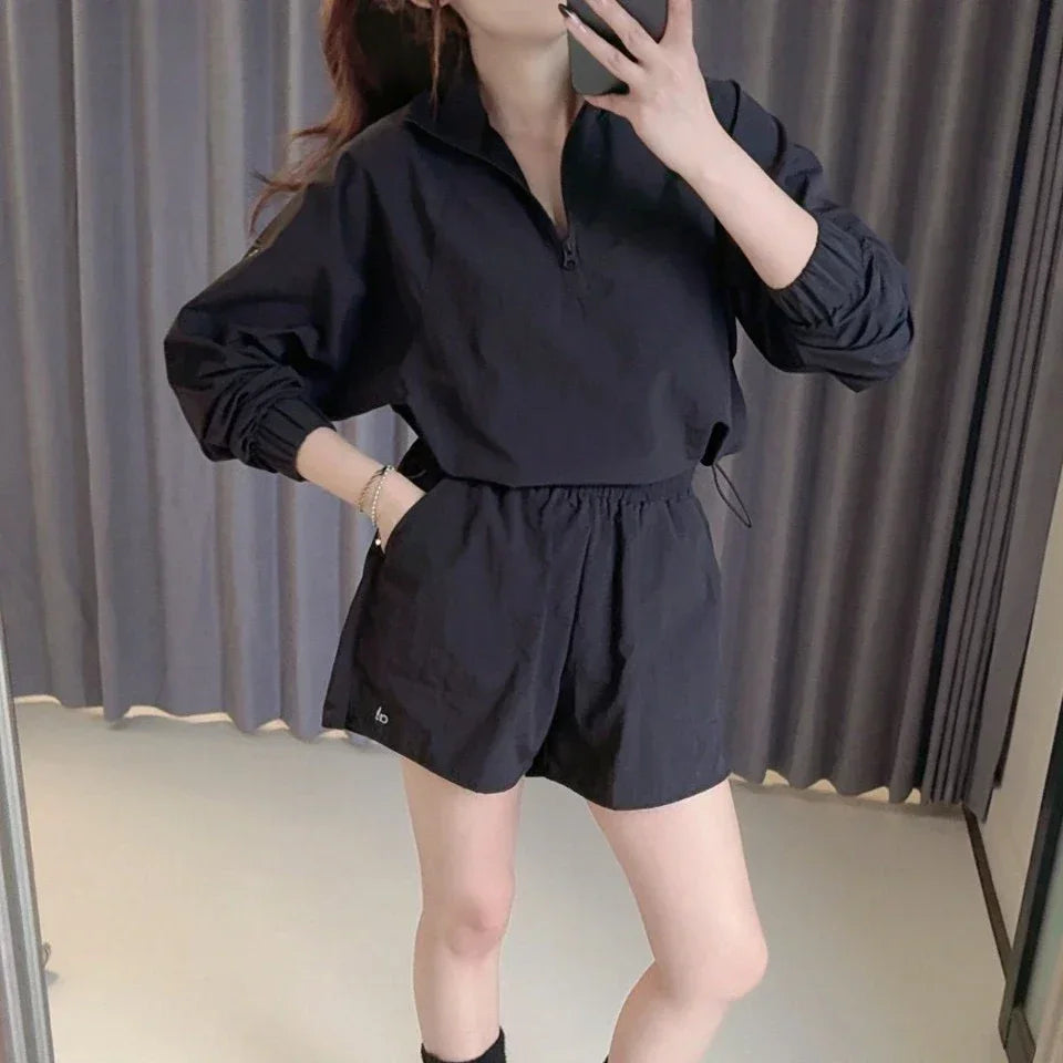 Jacket Shorts Tracksuit Women Two Piece Set Half Zipper Quick Drying Casual Loose Run Sports Sunscreen Shorts 2 Piece Sets