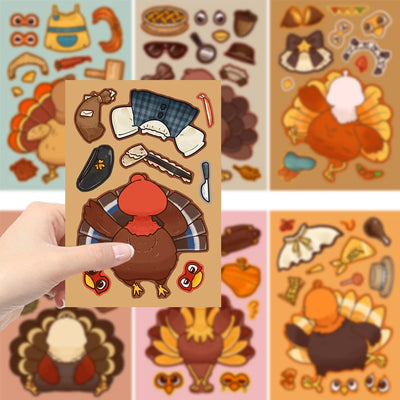 8/16/32pcs Cartoon Thanksgiving Day Sticker Funny Turkey Cute Children DIY Puzzle Make A Face Stickers Kids Educational Toys﻿