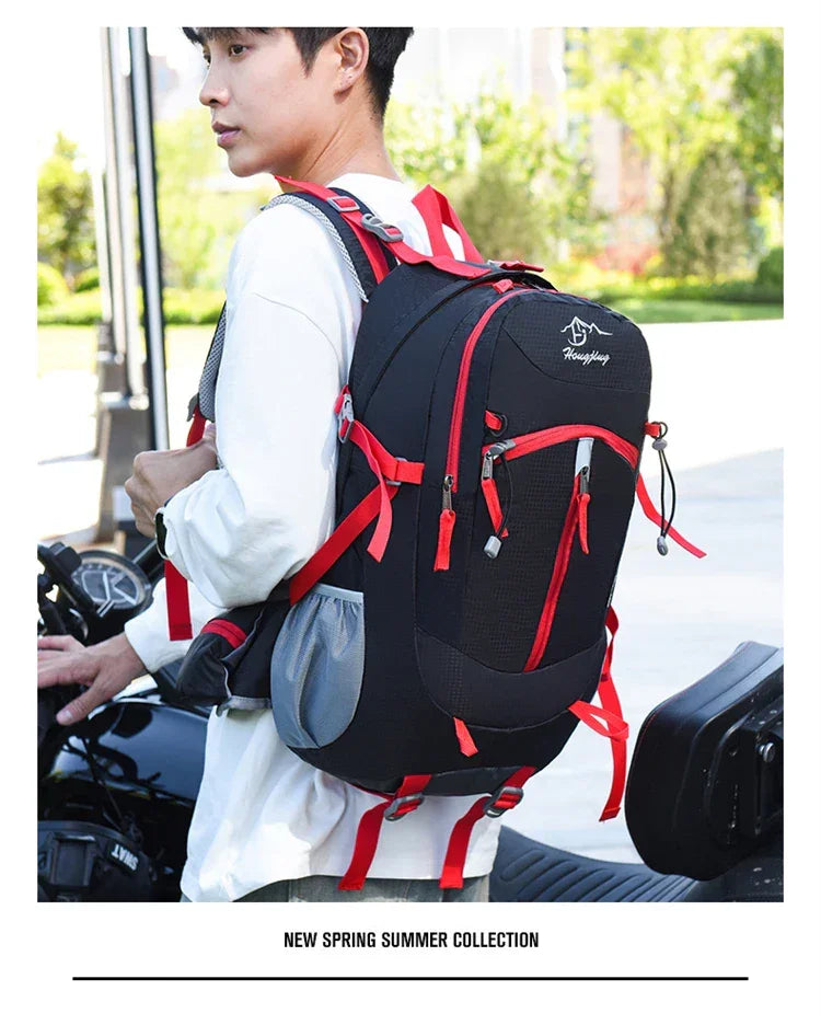 Fashionable and Wear-Resistant Outdoor Travel Backpack, Black and Red Contrasting Color Large-Capacity Mountaineering Bag with Waterproof Cover