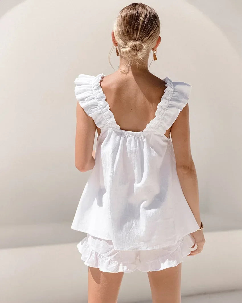 Women's Sleeveless Sling Square Collar Vest Shorts Tank Top