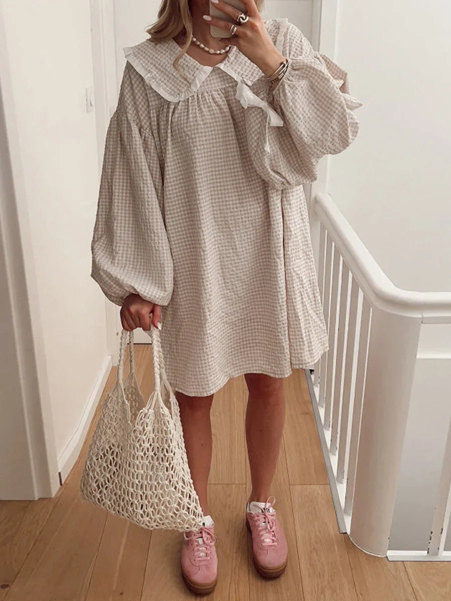 Gaono Women Y2K Gingham Babydoll Dress Puff Long Sleeve Plaid Mini Dress Peter Pan Collar Ruffle Short Dress Streetwear
