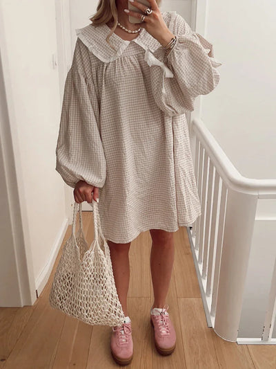 Gaono Women Y2K Gingham Babydoll Dress Puff Long Sleeve Plaid Mini Dress Peter Pan Collar Ruffle Short Dress Streetwear