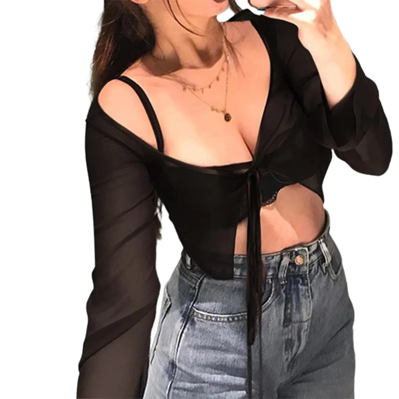 Women's Sexy Tops Long Sleeve See Through Solid uTie-Up Cardigan Mesh