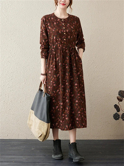 Long Sleeve Cotton Linen Vintage Floral Print Dresses For Women 2025 New Spring Autumn Casual Dress Robe Femme Elegant Clothing