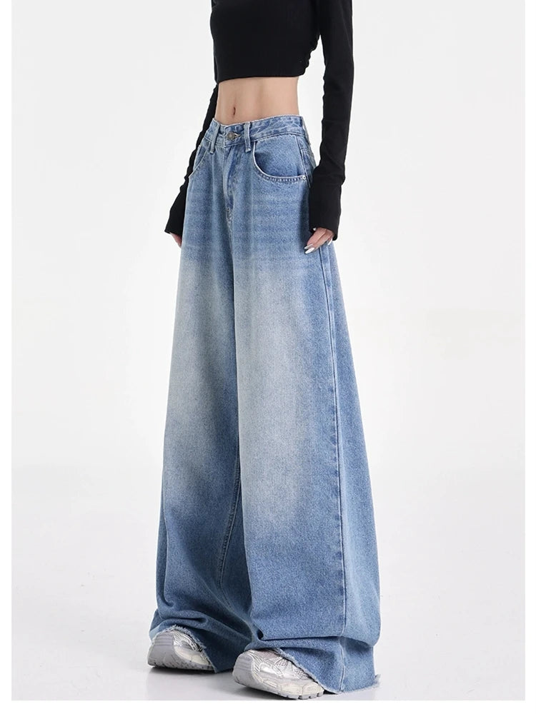Women's Wide Leg Retro Blue Jeans Cool Girl Street Style Fashion Bottoms Female High Waist Straight Loose Denim Trousers
