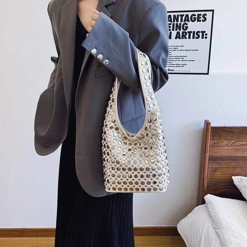 Designer geometric shoulder bag for women top brand handbag luxury shiny rivet handmade evening clutch fashion party