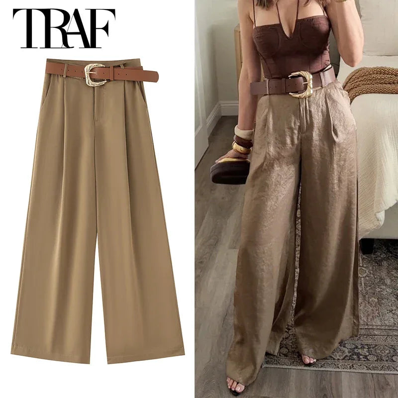 TRAF Women's Pants High Waist Wide Leg Pants with Belt Satin Long Trousers Pockets Casual Baggy Pants Summer Elegant Lady Pants