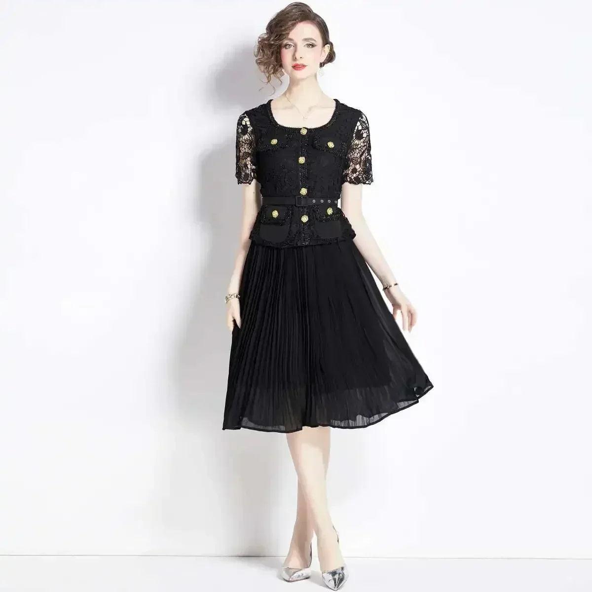 Luxury evening dress women summer vacation short sleeve pleated lace chiffon long dresses white single breasted midi