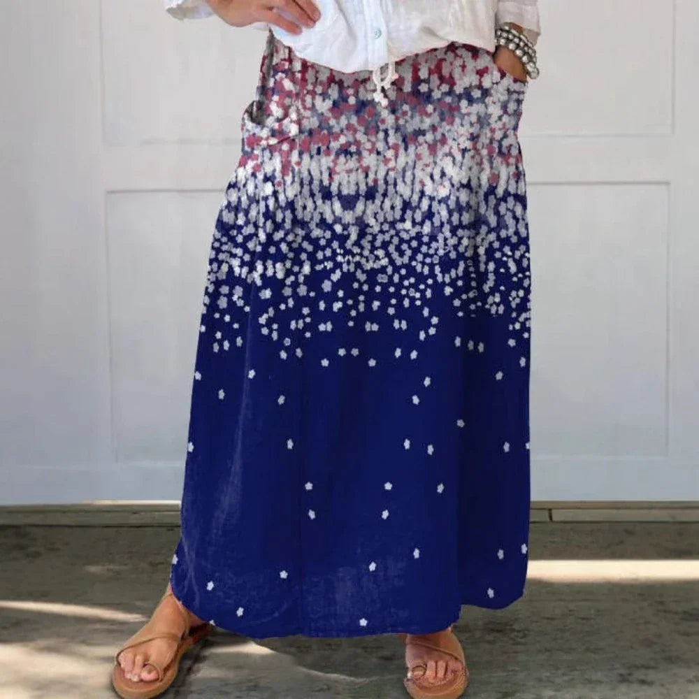 Women‘s Summer Floral Print Skirts Casual Trendy Pleated Skirts with Pockets Elastic High Waist Flowy Loose Skirts Holiday Dress