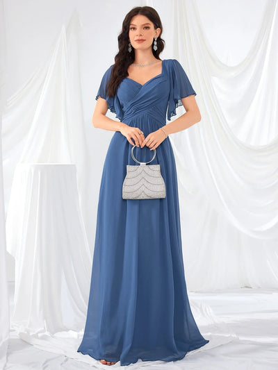 UNITHORSE Women's V-Neck Gathered Lace Trim Sleeve Chiffon Maid of Honor Dress