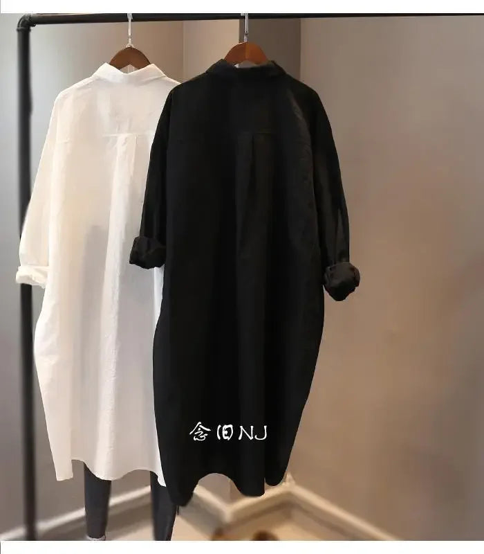 Cotton Linen Women Medium-Length White Polo Shirt