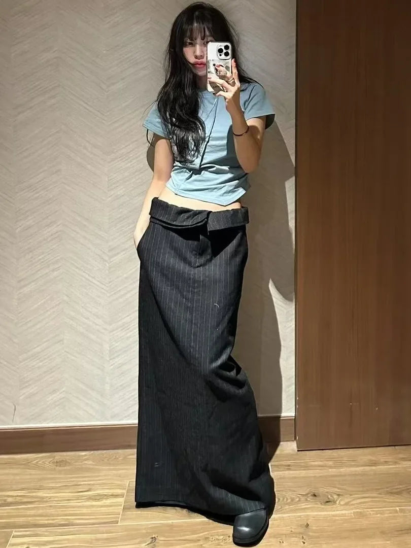 Slimming High Waist Striped f Skirt for Women Spring New Sle Turn up  Straight Long Skirt Faionable Design Sensation