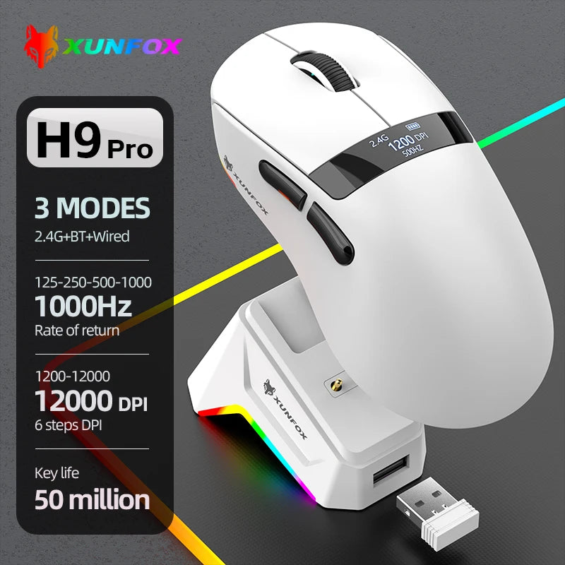 59g Superlight Wireless Gaming Mouse with Magnetic RGB Charging Dock，BT/2.4G Wireless/Wired Mouse, 22000 DPI，5 Programmable Butt