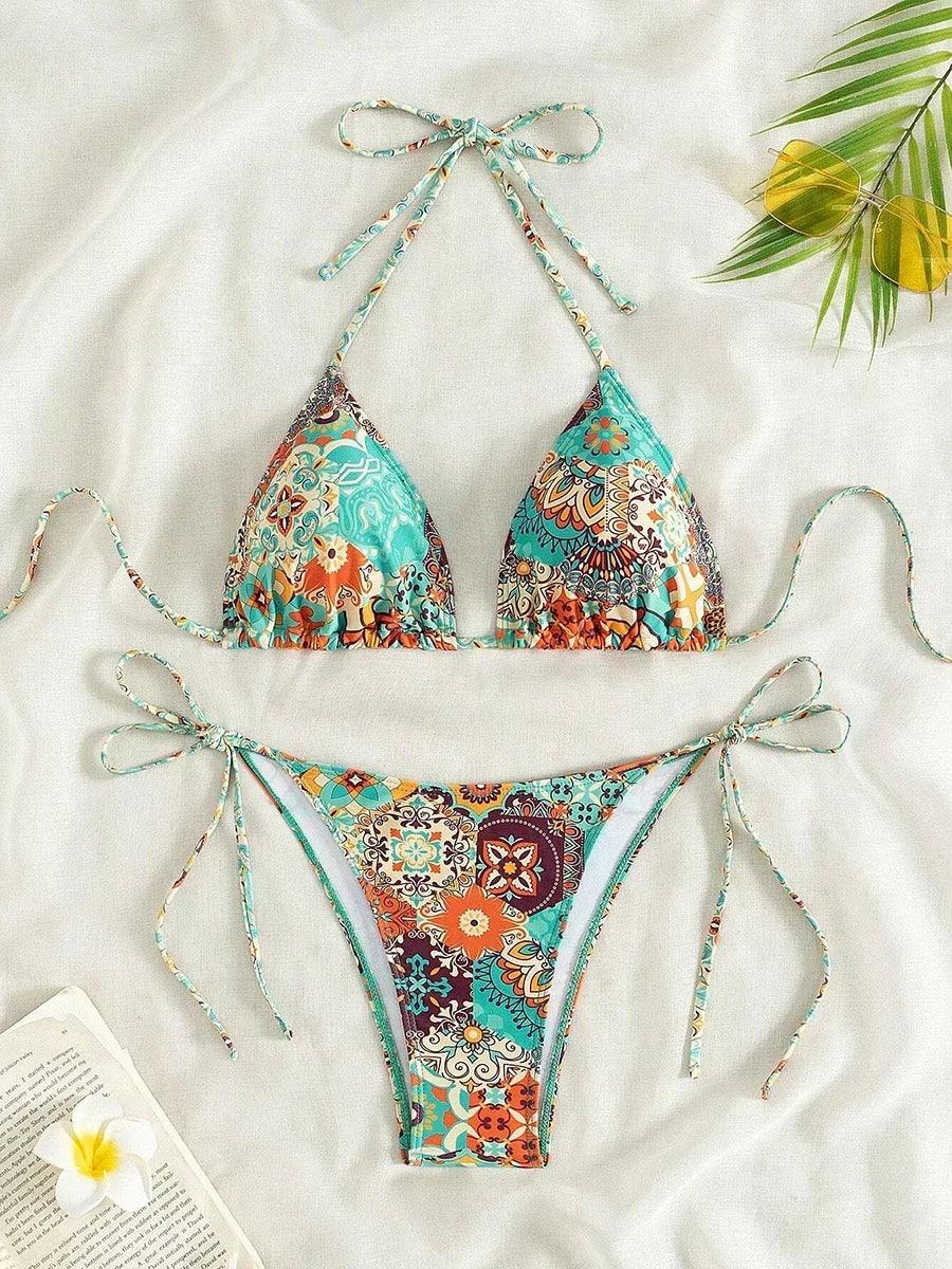 Swimsuit 2025 Female Micro Bikini Women Swimwear Summer Beachwear Women's Bathing Suit Floral Print Neck Halter Thong Bikini Set