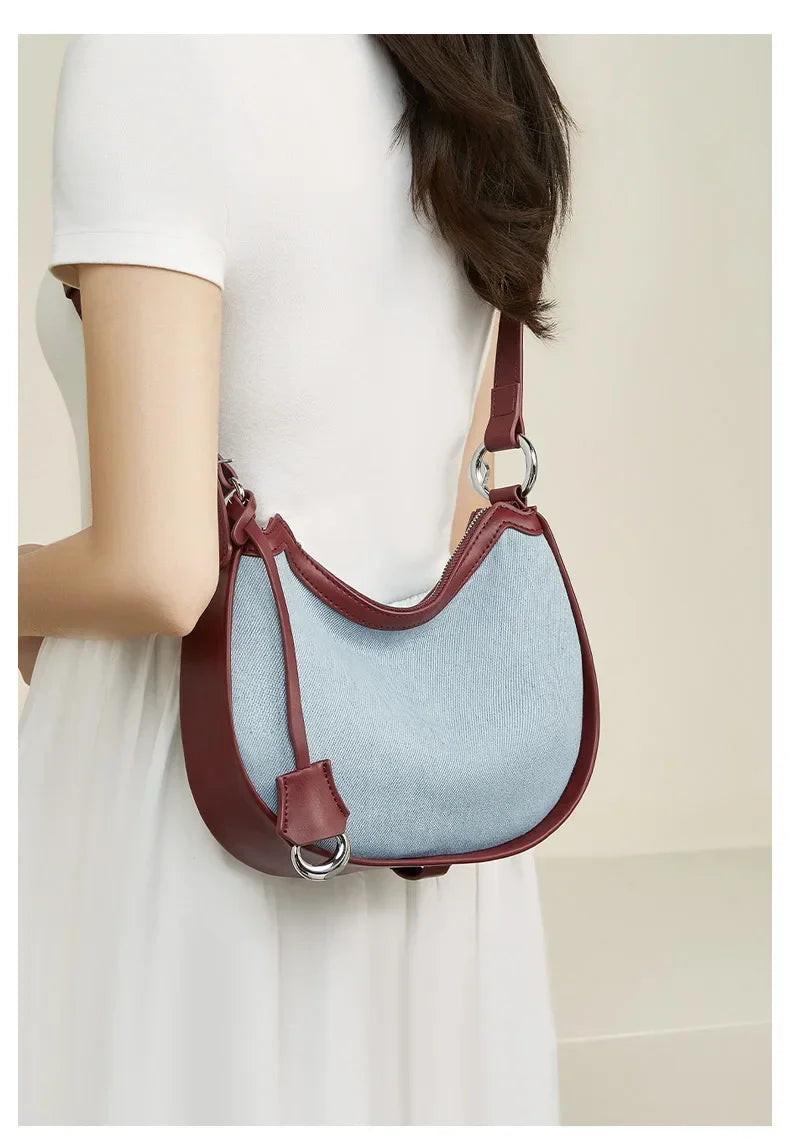 2024 New Women Bag Lady Fashion Half Moon Underarm Shoulder Bag Messenger Female Summer Soft Lightweight Denim Fabric Handbag