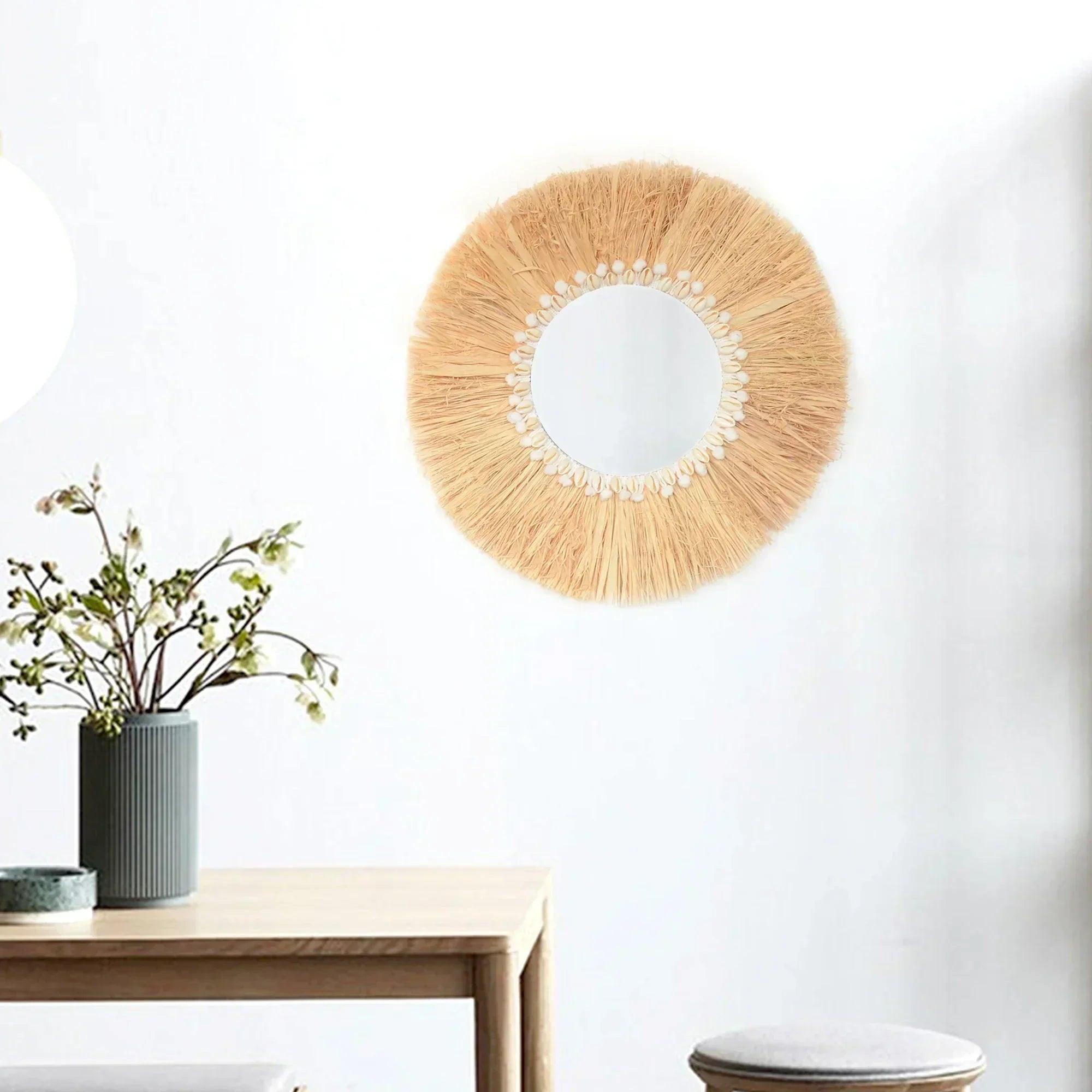Boho home furnishing forest raffia decorative wall mirrors woven shell small yarn balltapestry living room decor mirror