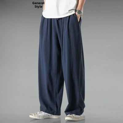 Summer Large Size Linen Cotton Wide Leg Pants Men Casual Comfortable Loose Fit Straight Leg Trousers Long Pants