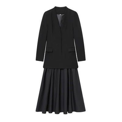 Women's Dress 2025 Autumn New Style Black Long-Sleeve Patchwork Blazer Long Dress Elegant Socialite Style