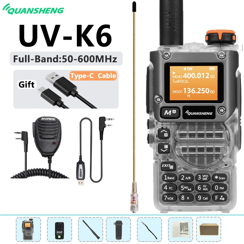 New Quansheng UV-K6 UHF VHF Walkie Talkie UV-K5(8) Full Band Type-C Scrambler NOAA Wireless Copy Frequency Transparent Ham Radio