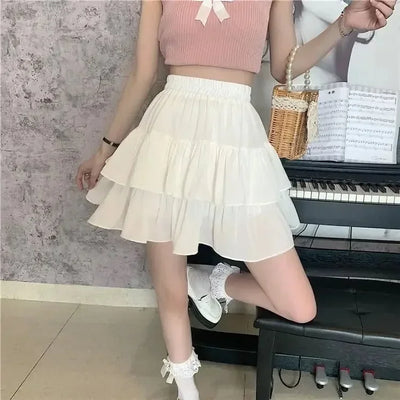Pleated A-line Skirt White Women Ruffles Sweet Hottie Preppy Style Elastic Elastic Waist Slim Thin Simple Casual Skirts