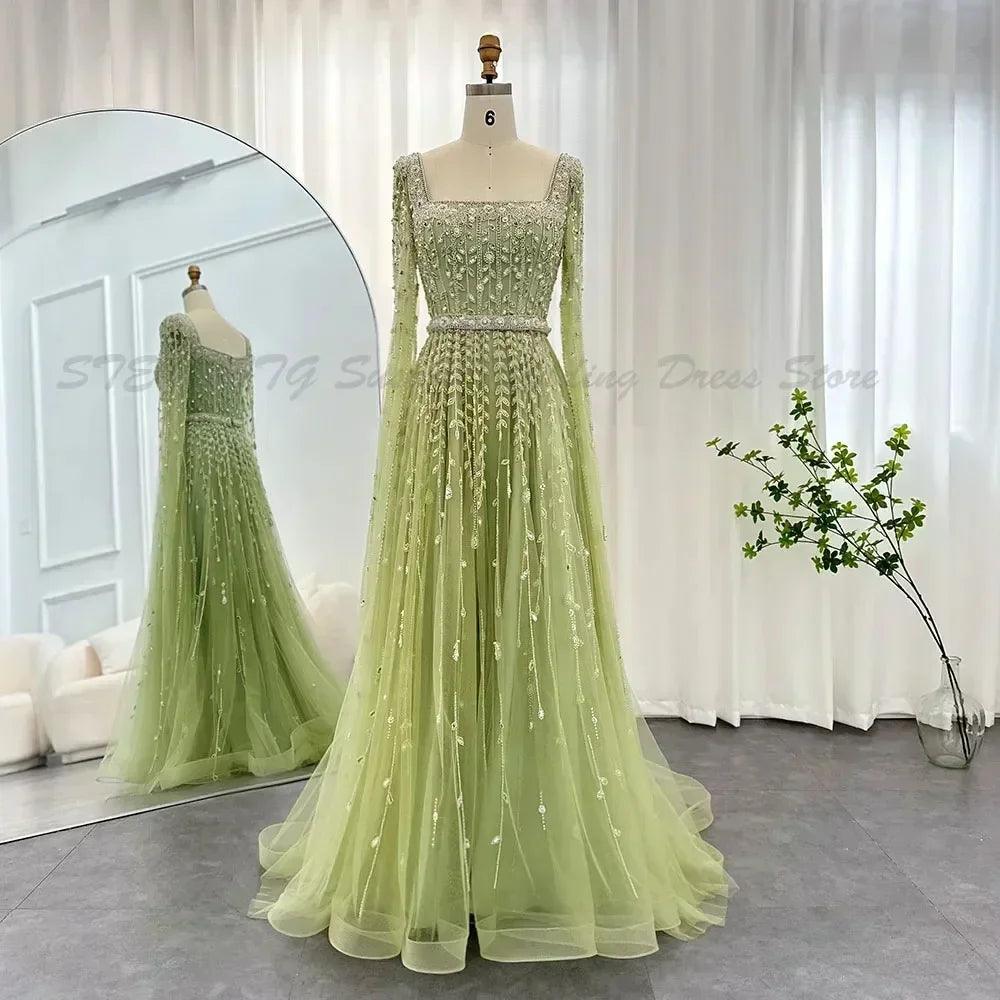 Luxury evening dresses women high quality floor length sweep train long sleeves prom party square collar banquet gowns