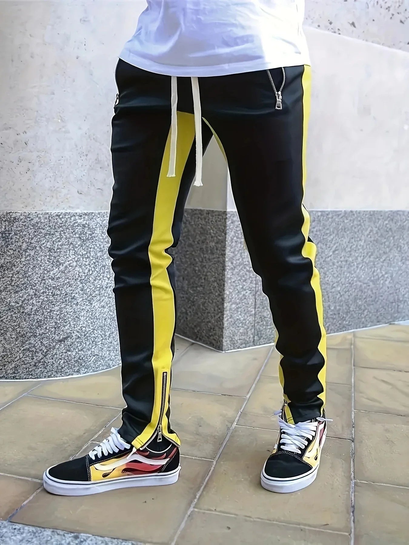 Men Sweatshirts Jogging Pants Men Casual Pants Men Stylish Color Block Zip Pockets Drawstring Sports Skinny Pants Trousers Pants