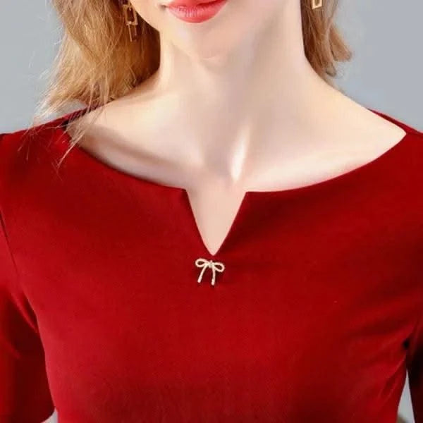 Women V-Neck Short Sleeve brooch Red Tops