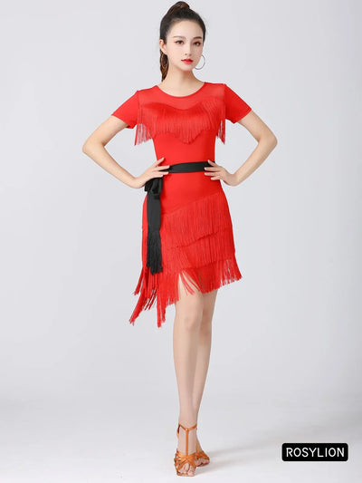 Women Latin Dance Outfit for Female Adults High End Slim Short Sleeve Tassel Split Dress Purple Red Sexy Practice Dance Clothing