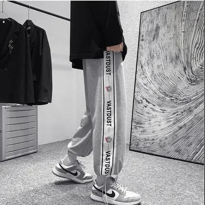 Men New Pant Casual Sweat Pants Solid Color Loose Drawstring Wide-leg Letter Trouser Fashion Straight Casual Pants for Men