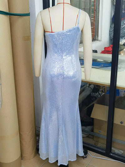 Sexy Women Summer Light blue One Shoulder Sequins Dress Elegant Long Evening dresses Ladies Party Holiday Prom Dresses Hxy244