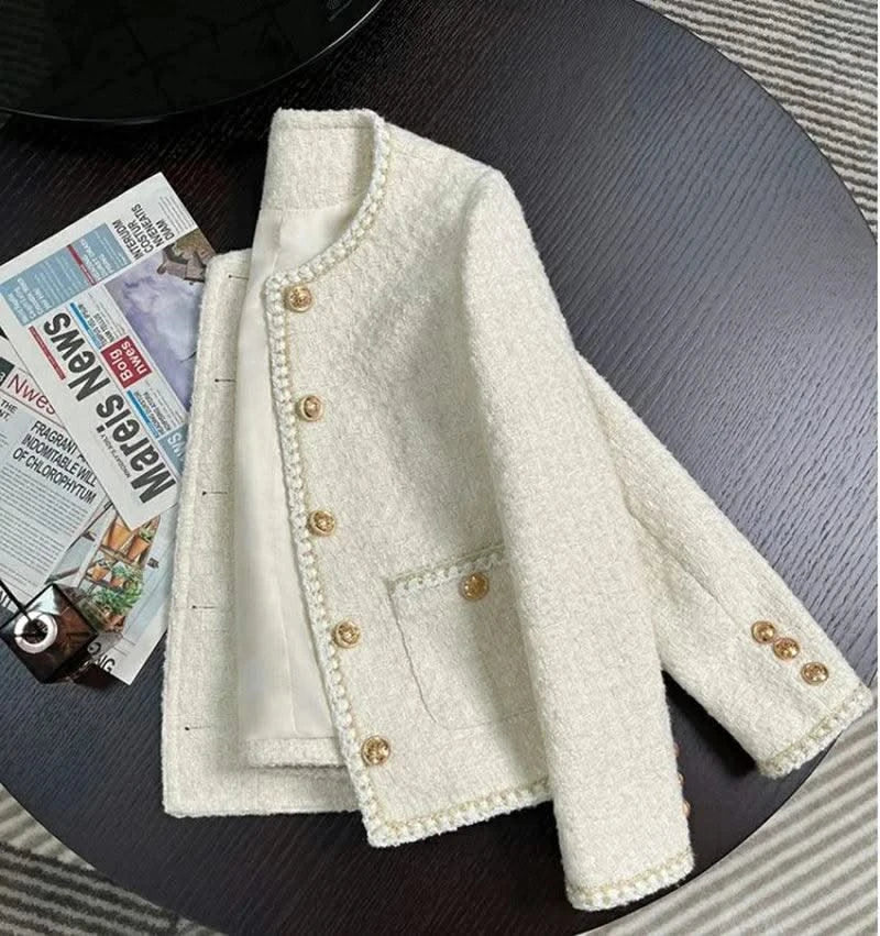 Women Vintage Jacket Autumn Winter Coat Off White Crop French Tweed