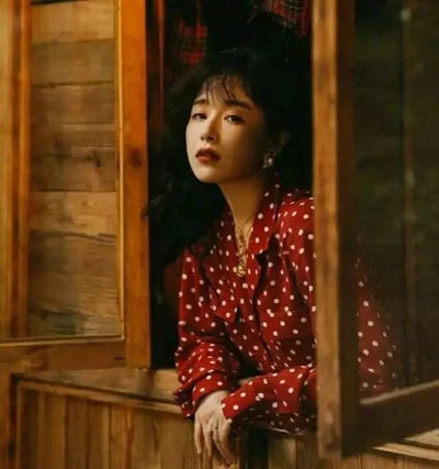 Top V-neck Red Polka Dot Shirt for Women