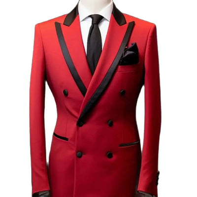 Luxury Suits for Men Red Blazer Black Pants 2 Piece Double Breasted Peak Lapel Slim Fit Male Clothing Customized Costume Homme