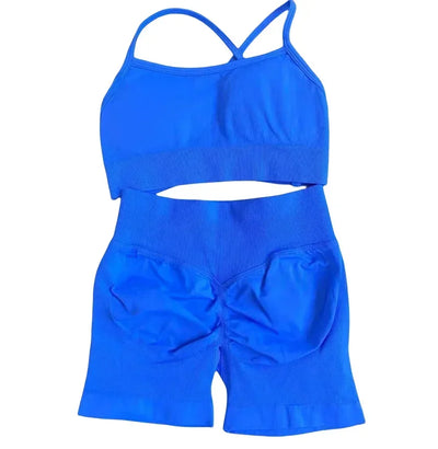 2025 Yoga High Quality Set Solid Color Women's Sports Hip Lift Shorts Cross Bra Shockproof Backrest Sling 2-piece Set Summer