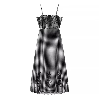 Embroidery Slip Dress Women Sleeveless Plaid Long Dresses Woman Cut Out Backless Midi Dress Elegant Vacation Party Dresses