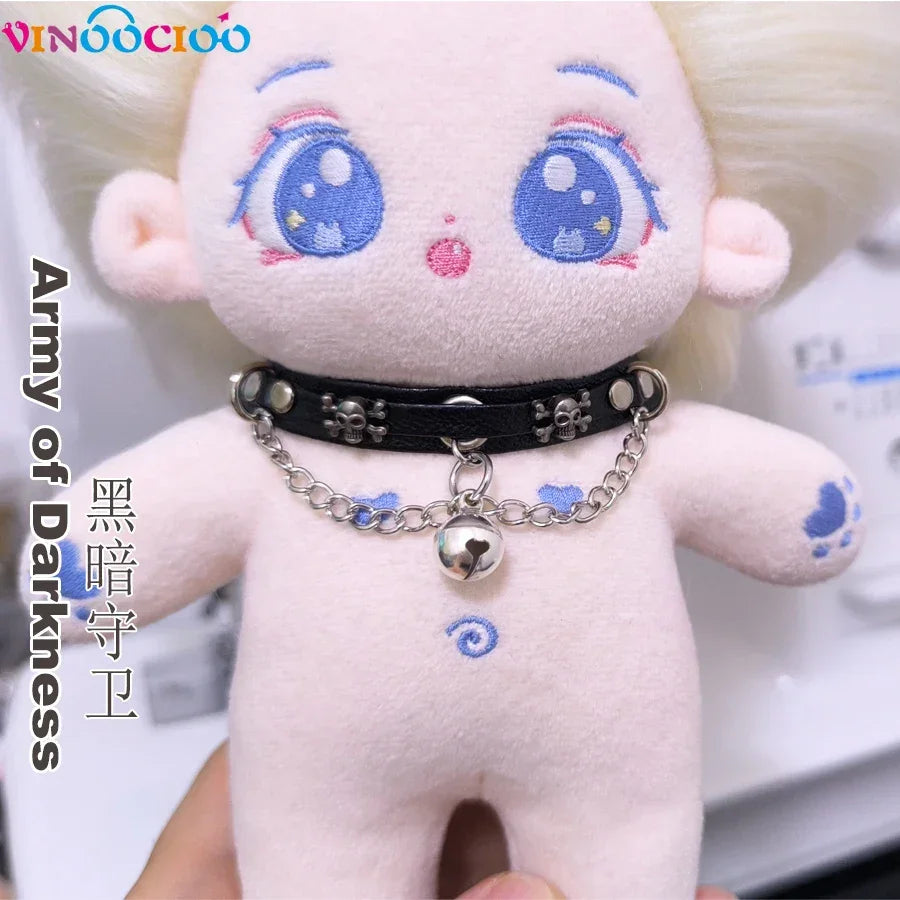20cm Cotton Doll Choker Skull Necklace with Chains Bell Leather Leadrope Handmade Cotton Doll Accessories