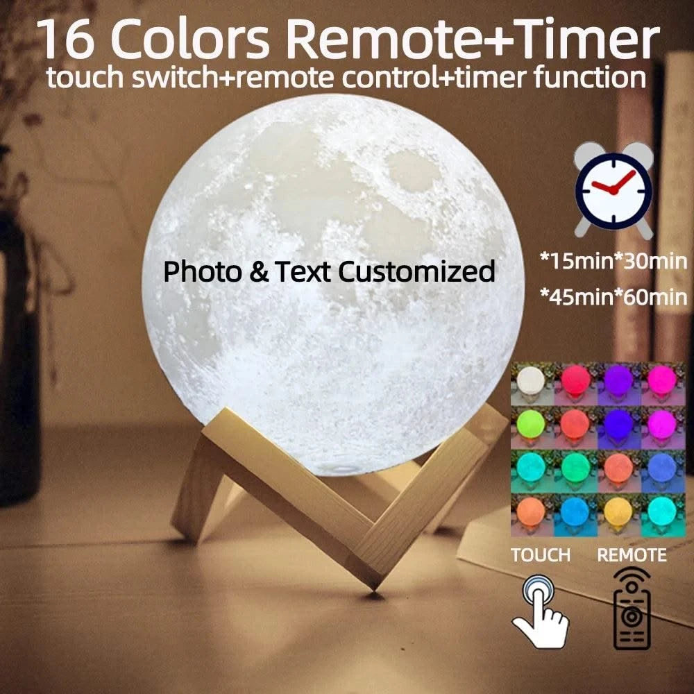 Customized 3D Printing Moon Lamp Personalized Photo Text Night Light USB Rechargeable Gift for Birthday Mother's Valentine Day