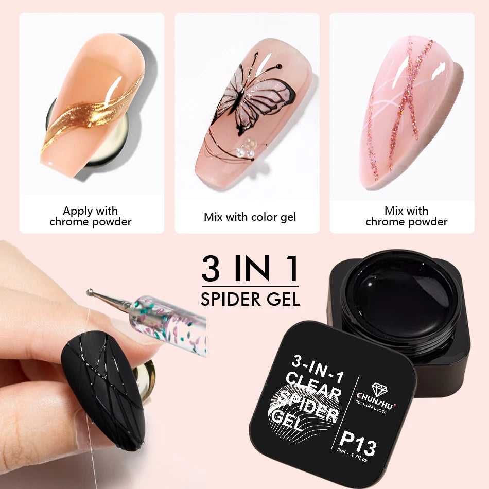 CHUNSU 3 In 1 Spider Gel Nail Polish No Wipe Functional UV Gel Creative Wire Drawing Liner Soak Off Magic Powder 5ML Clear  DIY