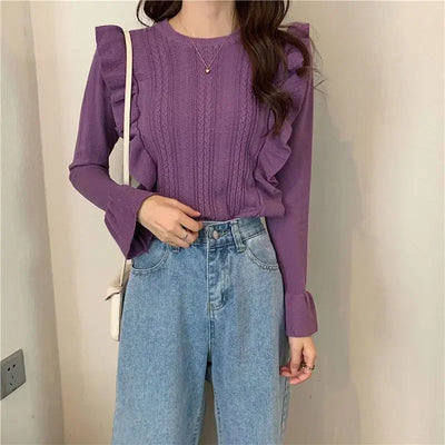 Ladies Sweaters Pullovers Round O Neck Grey Knitted Top for Women Jersey Winter 2025 Jumper Economics Long Sleeve Thermal Blouse