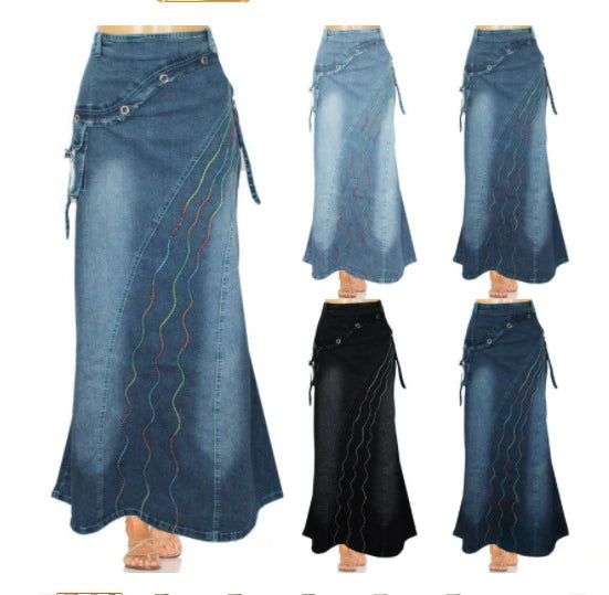 Long Skirt High Waist Vintage Print Women 2024 Autumn Temperament Patchwork Pocket Big Swing Female Denim Fishtail Skirts