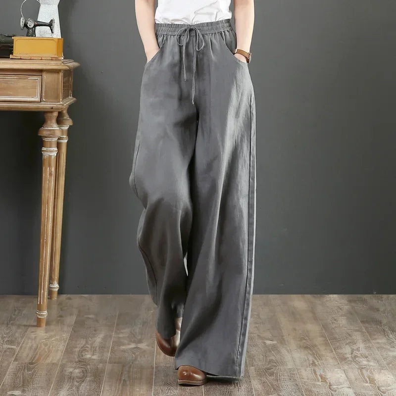 Women Wide Leg Pants Solid Loose Length Pants Cotton Linen Elastic Waist Casual Pants Vintage Mid Waist Pants 5XL